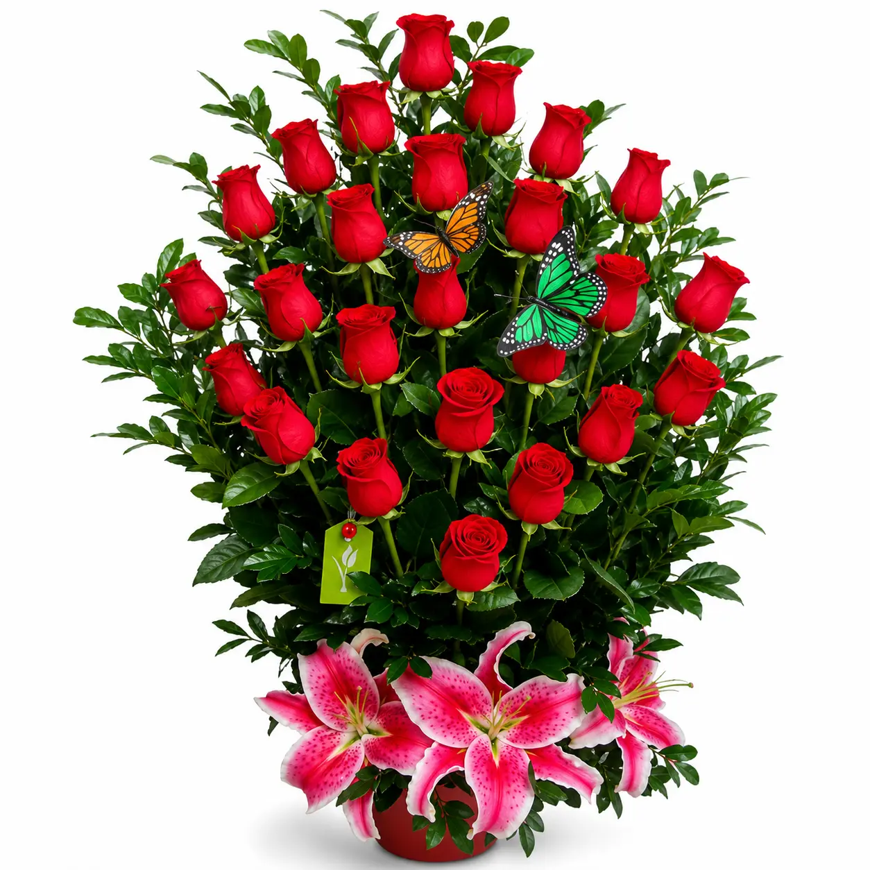 Arreglo floral con rosas rojas y lirios rosados en base de cerámica roja para eventos elegante ideal para decoración con delivery en Lima